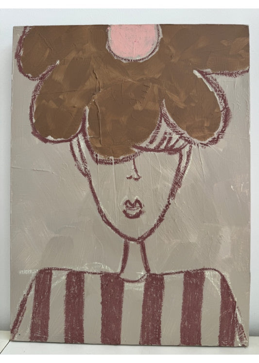 Artistic depiction of a person with brown hair and a striped outfit on a textured surface.